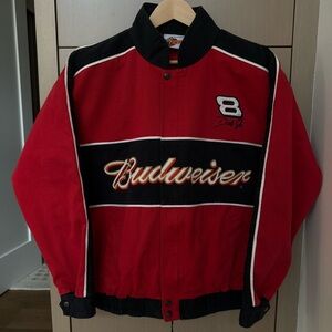 EXCELLENT Vintage Budweiser Red & Black NASCAR Racing Jacket, L
